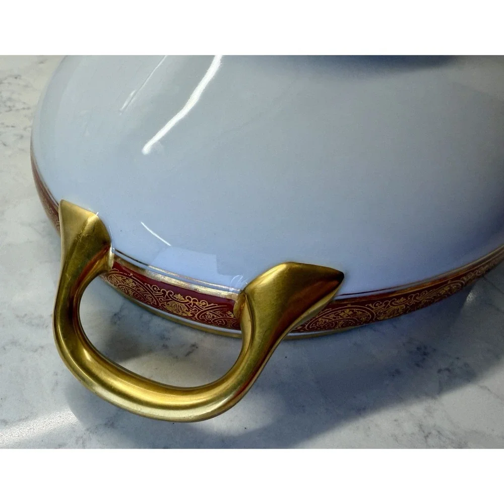 Antique B&C Limoges France Porcelain Soup Tureen Lidded Oval Red Gold Gilt 16765